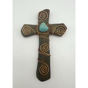 Jeremy Diller Raku Pottery Sacred Cross 5” Copper Wire & Turquoise Heart Signed